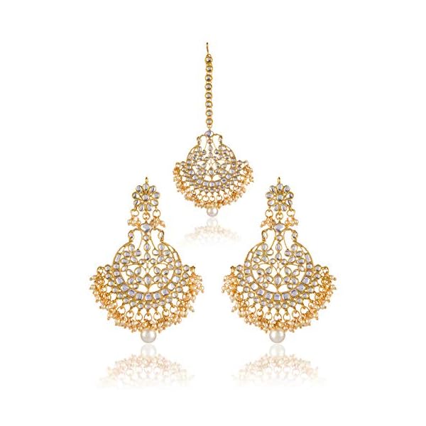 Chooseberry The Royal Bride Collection Gold Plated Chandbali Kundan Bridal Earrings and Maangtikka with Hanging Pearls for Women and Girls