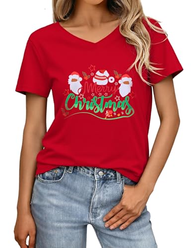 Crewhpo Weihnachts Tshirt Damen Christmas Shirt Kurzarm mit V-Ausschnitt Weihnachtskleidung mit Weihnachtsmann-Druck Weihnachts Tshirt Lockerer