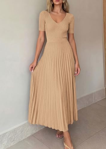 Image of PRETTYGARDEN Women's 2026 Spring Midi Sweater Dresses Elegant Pleated Ribbed Knit Short Sleeve V Neck A Line Summer Outfits