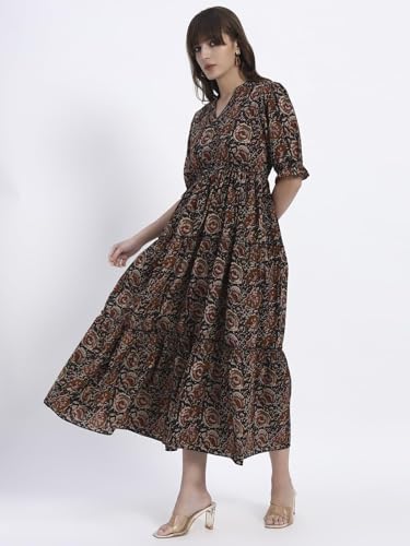Image of Women's Fit and Flare Dress I Pure Cotton Long Summer Maxi Dress I V-Neck I Casual Wear I Printed Kalamkari Floral Middi