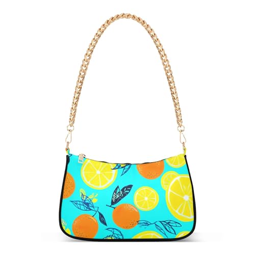 Zipper Ladies Shoulder Bag Floral Lemon Slices Orange Leaves Blue Tote Handbags Printed Womens Hobo Clutch Purse with Chain Strap