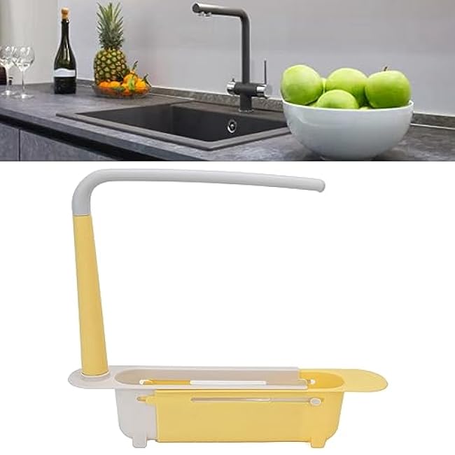 Telescopic Sink Storage Rack, Adjustable Retractable Sink Drainer with Bracket Large Capacity Expandable Organizer for Kitchen (Yellow)