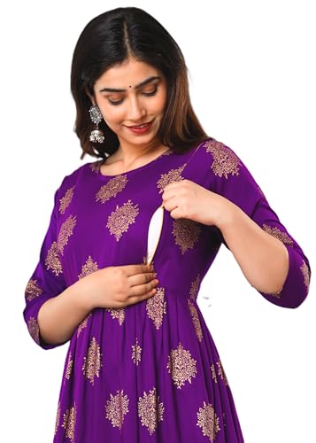 Image of Vinny's Creation Women's Cotton Maternity Kurti | Floral Printed Feeding Kurta with Hidden Zipper | Stylish Pregnancy Gown & Nursing Dress for Womens