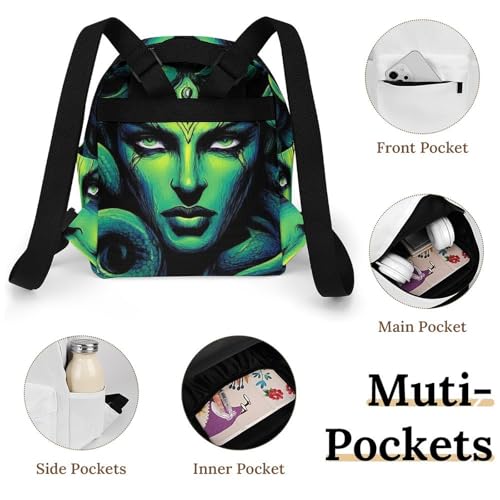 Mini Travel Bag for Women, Greek Goddess Snake Queen Medusa Green Art Small Lightweight Backpack Water-Resistant Adjustable Straps Casual Daypack for Daily Work Office4