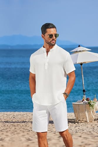 COOFANDY Men's Casual Henley Shirt Short Sleeve Linen Shirt Band Collar Summer Hippie Beach T-Shirts3