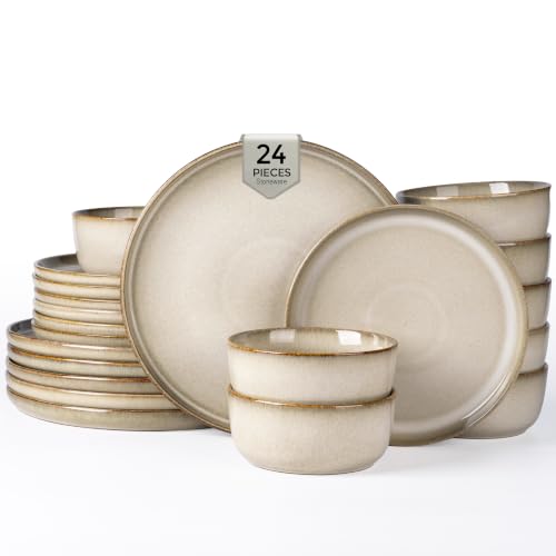 Image of GBHOME Dinnerware Sets for 8, 24 Pieces Ceramic Plates and Bowls Set | Scratch Resistant Stoneware Dishes Set, Dishwasher & Microwave Safe, Reactive Glaze-Almond Cream