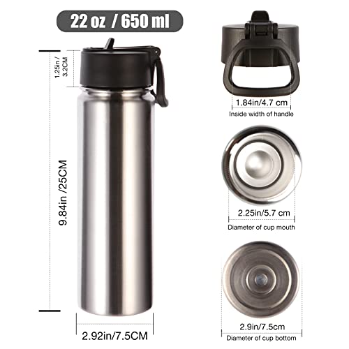 Image of Volhoply Insulated Water Bottles with Straw Bulk 2 Pack, 22 oz Stainless Steel Sports Bottle with Handle Lid, Double Walled Vacuum Metal Cups Cup, Reusable Cold Water Flask for Hiking(Silver,2 Set)