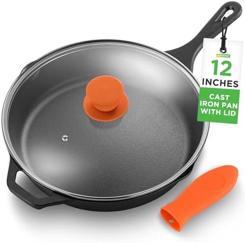 NutriChef 12-Inch Cast Iron Skillet w/Lid - Pre-Seasoned, Oven Safe, Nonstick, Cool-Touch Silicone Handle, For All Cooktops - NCCI12 - Thumbnail 2