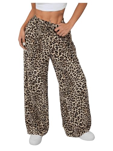 SweatyRocks Women's Leopard Print Animal Wide Leg Pants Elastic Waist Trousers with Pockets