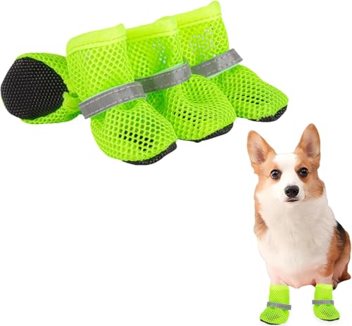 Sommer Mesh Hunde Schuhe 4 Stück Atmungsaktive Pfotenschutz Hundeschuhe Anti-Rutsch Hundeschuhe für heiße Sommerböden, Sommer Hundeschuhe Pfotenschutz Verstellbarem fürkleine Hunde (Grün, M)