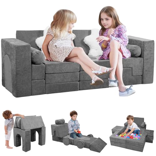 GGIB Modular Kids Play Couch 28 Pcs Foam Toddler Couch Building Fort for Playroom DIY Creativing Toddler Play Set Kids Convertible Fort Floor Sofa for Children Dark Grey
