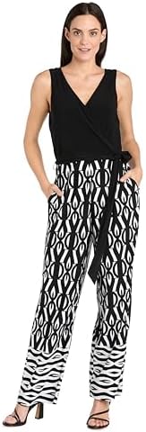 R&M Richards Women's Elegant Sleeveless Wrap Jumpsuit W/Geometric Print & Belted