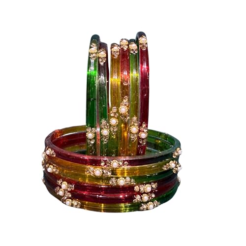 Image of SUNDRAM Women's Premium Fancy Glass Bangles for Women & Girls |with Zircon Gemstone Work & Charm| Traditional Ethnic Bangles Set of 12