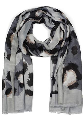 styleBREAKER Damen Schal mit Abstraktem Oversize Leo Print und kurzen Fransen, leichtes Tuch, Stola 01016207, Farbe:Grau-Schwarz