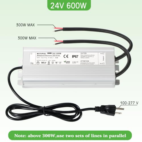 Image of LED Driver 600 Watts(300W X2) 24V DC Transformer,Waterproof IP67 Power Supply, Adapter with 3-Prong Plug 4.9 Feet Cable for Any DC led Lights, Computer Project, Outdoor Light