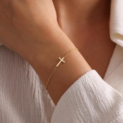LUCA SMITH 925 Sterling Silver Cross Bracelet for Women Adjustable Stackable Dainty 14K Gold/Silver Cute Tiny Symbolic Cross Pendant Charm Link Chain Faith-Based Jewelry4