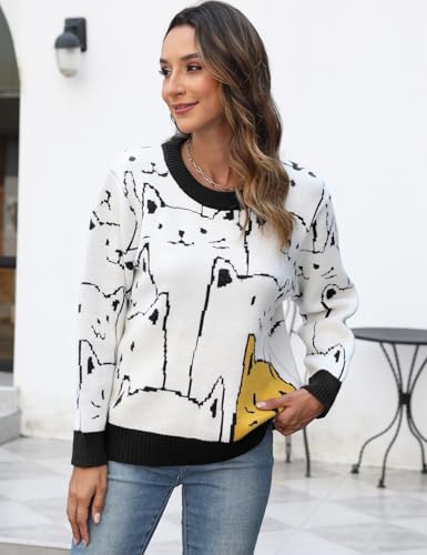 Image of Yimoon Cat Sweater for Women Oversized Chunky Sweater Loose Long Sleeve Knit Pullover Sweater Top(Black-M)