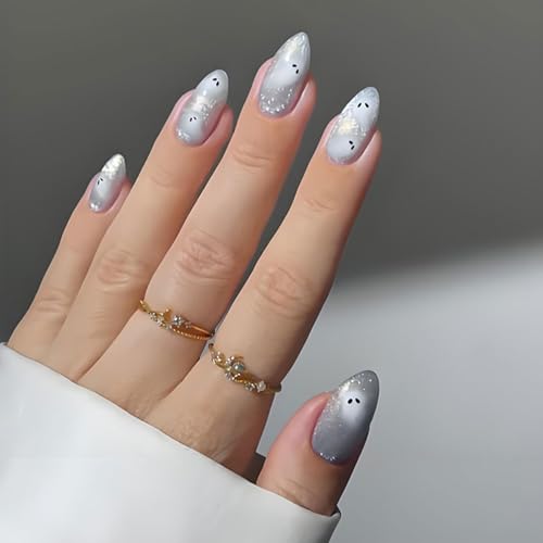 Medium Almond Press on Nails Halloween Fake Nails with Cute Ghost Designs Sparkling Silver Press ons False Nails for Women 24Pcs