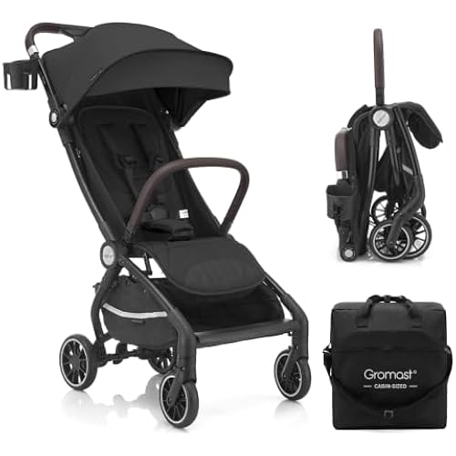Gromast Gravity Folding Airplane Friendly Travel Stroller for Toddlers, Lightweight & Compact Baby Stroller, Gate Check Approved, UPF 50+ Waterproof, Includes Travel Bag - Black