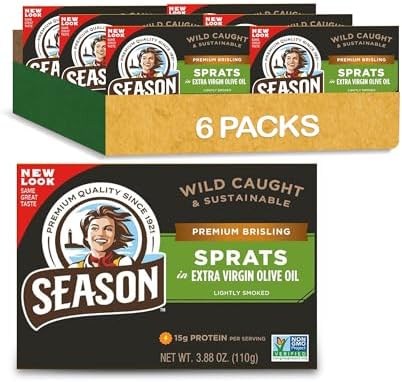 Season Brisling Sprats in Extra Virgin Olive Oil, 3.88 Oz Tins, 6-Pack