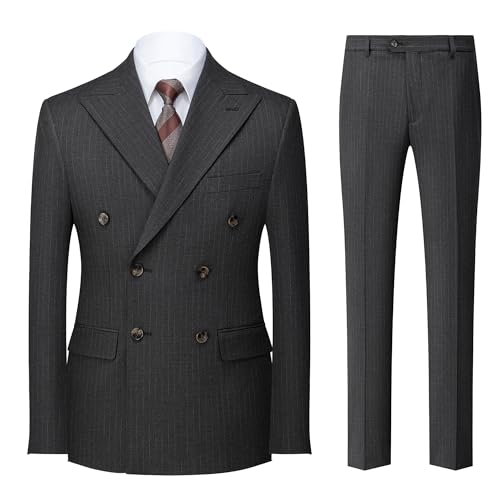 Men's Pinstripe Double Breasted Suit Set Peak Lapel Tuxedo Blazer Pants Set for Business & Weddings