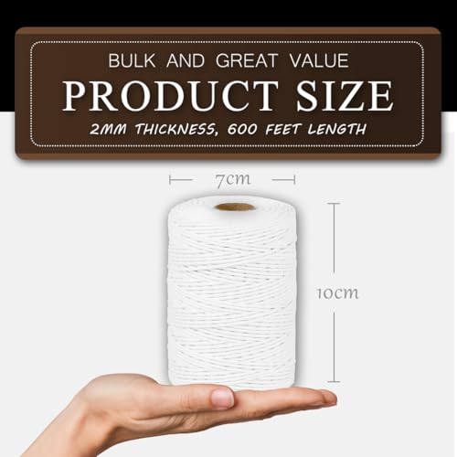 Image of SMART&CASUAL 600 Feet 2mm Cotton Butcher Twine String Soft Food Safe for Cooking Craft Baker Kitchen Meat Turkey Sausage Roasting Gift Wrapping Gardening Crocheting Knitting