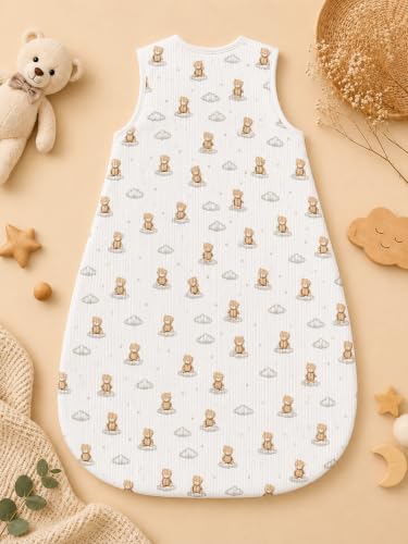 Image of TuddyBuddy Baby Cotton Wearable Quilted Sleeping Bag Blanket 1.5 Tog with 1 Way Zipper Closure | Ideal for Babies & Kids Hypoallergenic Fabrics | (Teddy AOP - Ribbed White, 12-18 Months)