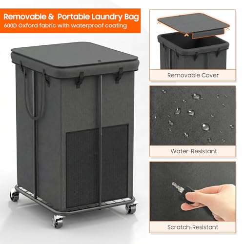 Image of 160L Laundry Hamper with Lid, Rolling Laundry Basket with Wheels, Large & Tall Dirty Clothes Hamper with Metal Frame and Removable Bag for Bedroom Aesthetic, Laundry Room, Bathroom, Dorm-Dark Gray