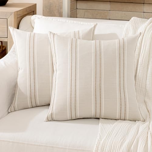 Image of Hckot Throw Pillow Covers 16x16 Set of 2 Tan Pillow Covers Farmhouse Decorative Pillows Textured Linen Square Cushion Covers for Sofa Couch Bed Living Room Decor(Tan)