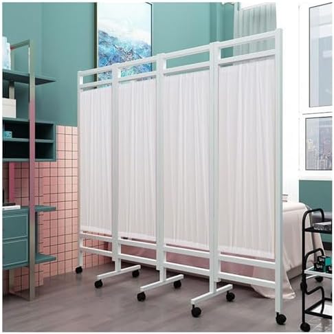 4-Panel Folding Room Divider - Mobile Iron Partition for Clinics, Salons & Health Rooms - Space-Saving Privacy Screen (White) - Versatile and Durable