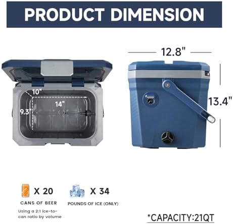 EchoSmile Insulated Portable Cooler 20/35 Quart, Outdoor Hard Cooler w/ 2 Cup Holders, Bottle Opener, Ruler, Drain Plug Ice Chest Box for Camping, Drink, Beach, Fishing and Boating, Dark Blue - 3