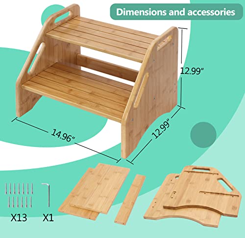 image for AMBIRD Wooden Step Stool, Two Step Stools Toddler 300 lbs Capacity wit