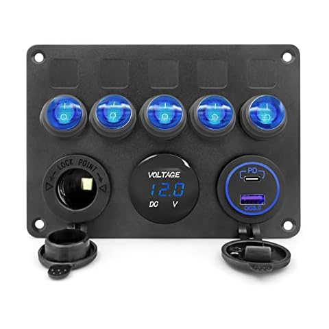 THALASSA 5 Gang Marine Boat Rocker Switch Aluminum Panel Waterproof with Blue Digital Voltage Display, Dual PD +QC3.0 USB Outlet, 12V DC Cigarette Lighter Port and fuse for Rv Car Truck Vehicles Yacht Cover