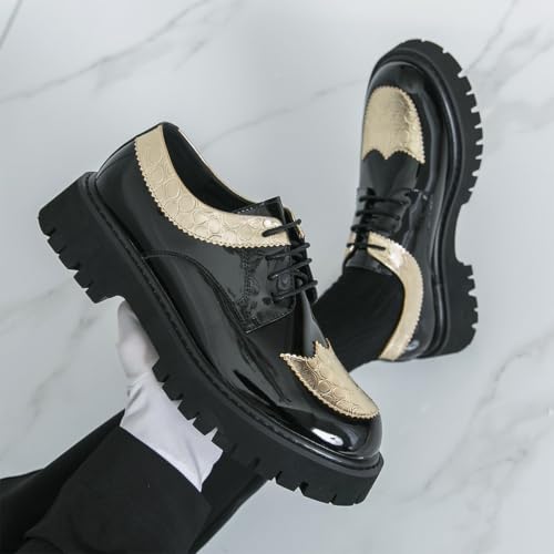 Image of Men's Patent Leather Platform Wingtip Oxford Shoes with Rivets Round Toe Lace Up Lug Sole Brogue Dress Shoes Comfortable Business Work Causal Derby Oxfords