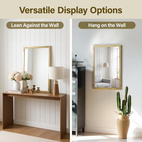 Image of Gold Floral Wall Mirror - 20 x 30 Inch Elegant Vintage Decorative Mirror for Bathroom Vanity Entryway Living Room
