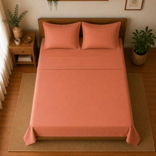 Image of Linen Home Cotton Percale Flat Bedsheet Set King Size Tera Clay