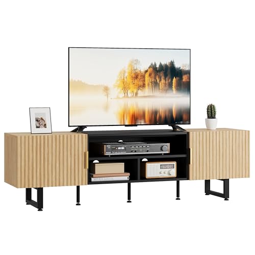 IRONCK TV Schrank 180cm Lowboard für Fernseher bis zu 65/75/80 Zoll, Fernsehtisch mit 2 Türen 3 offenen Fächern, Fernsehschrank Holz, Modern TV Board für Wohnzimmer, Schlafzimmer (Schwarz/Eiche)