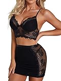 SweatyRocks Women's 3 Pieces Lingerie Set With Skirt Floral Lace Bralette and Panty Set S Black