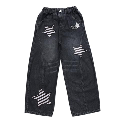 Boys Girls 𝗩intage Jeans Elastic Waist Star Applique Baggy Trousers Wide Leg Casual Denim Pants with Pocket