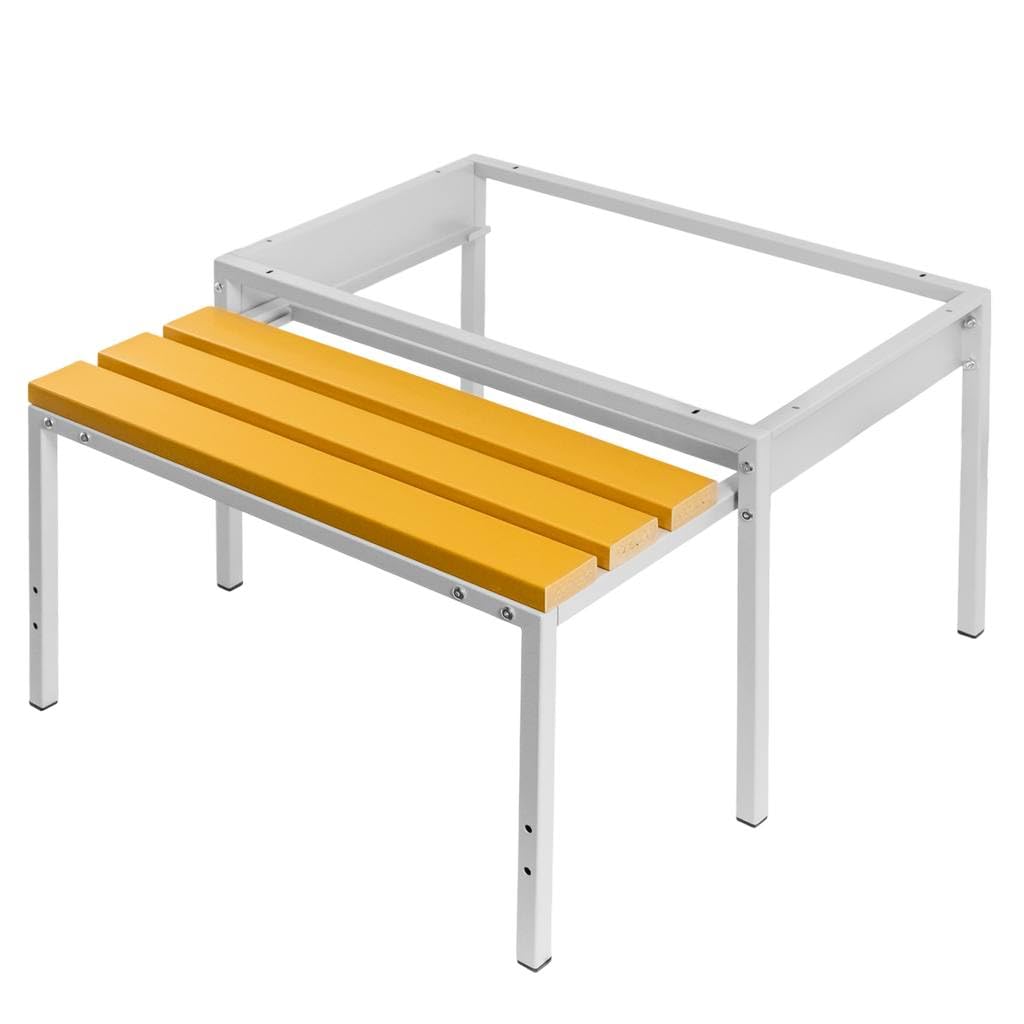 MEGA-M Podstawa do szafki BHP 80 z wysuwaną ławeczką WPC | metalowy stelaż, siedzisko chowane pod szafkę, 80 × 80 × 43 cm, do szatni i pomieszczeń socjalnych