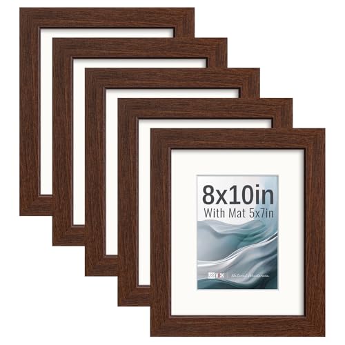 Image of VCK 8x10 Picture Frame 5 Pack, Brown Exclusive Wood, HD Glass, for Photo