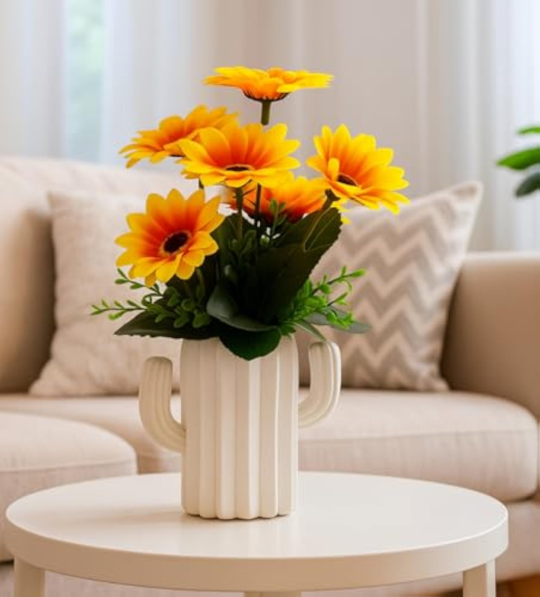 Cactus Shaped Ceramic Flower Pot with Artificial Sunflower Arrangement
