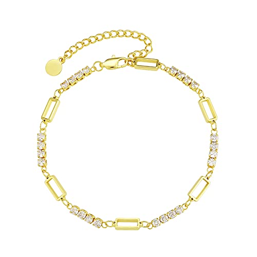 KRKC&CO 3mm Tennis Anklets, 14k Gold/White Gold Plated Rectangular Anklets, Women's Anklet with Extension, Fashion Ankle Bracelet, Foot Jewelry (14k Gold Plated)