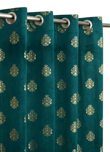 Image of KALIYO Dark Green Velvet Room Darkening Curtain with Gold Foil Floral Print | Eyelet Window Curtain | Soft Luxury Fabric | 7 Ft | Pack of 1