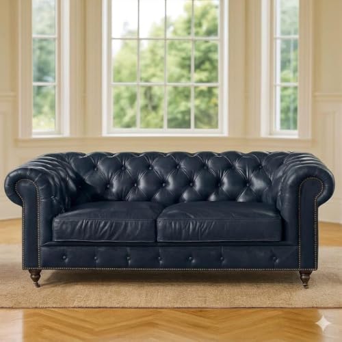 Image of UMAR ARTS Luxury Chesterfield Leatherate Sofa Set, Tufted Genuine Leatherate, Classic Living Room Furniture (Blue 3+2+1)