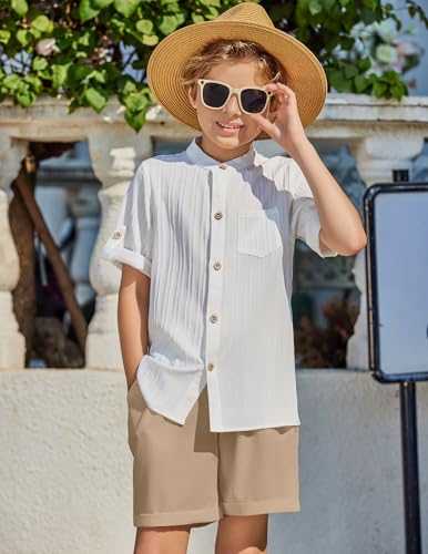 Image of Arshiner Boy's 2 Piece Beach Outfit Short Sleeve Textured Button Down Shirt and Short Sets Summer Vacation Wear 4-12 Years