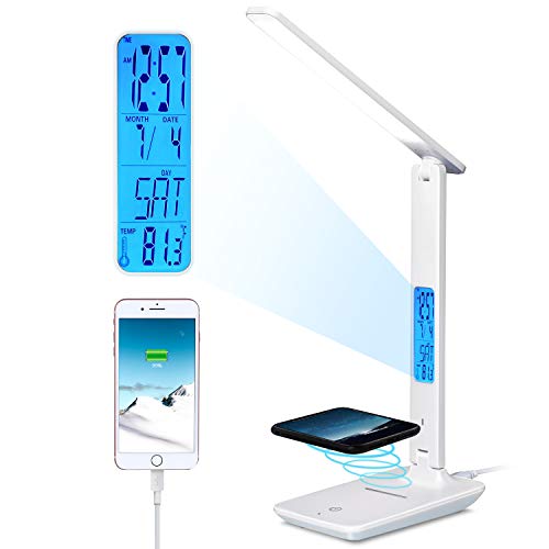 TEQStone Dimmbare LED-Schreibtischlampe mit kabellosem Ladegerät, LCD-Display, USB-Ladeanschluss, verstellbare Farbe und Helligkeit, Augenschutz, faltbares Leselicht für Kinder und Erwachsene, weiß Cover