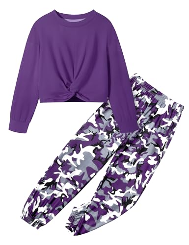 Image of NECIOUS Girls Fall Outfits 2 Piece Fashion Twist Front Pullover Sweatshirt and Camo Pants Clothing Sets 5-14Y