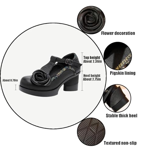 Women's Genuine Leather Mary Jane Chunky Heel Shoes Classic Round Toe Flowers T Strap Mid Block Heel Dress Pumps Grace Party Wedding Bridal Shoes3
