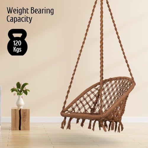 Image of Swingzy Premium Cotton D-Shape Hanging Swing Chair for Home, Balcony & Garden | Indoor & Outdoor Hammock for Kids & Adults | Stylish Brown Net Design with Comfortable Seating (64 x 61 x 152 cm,Brown)